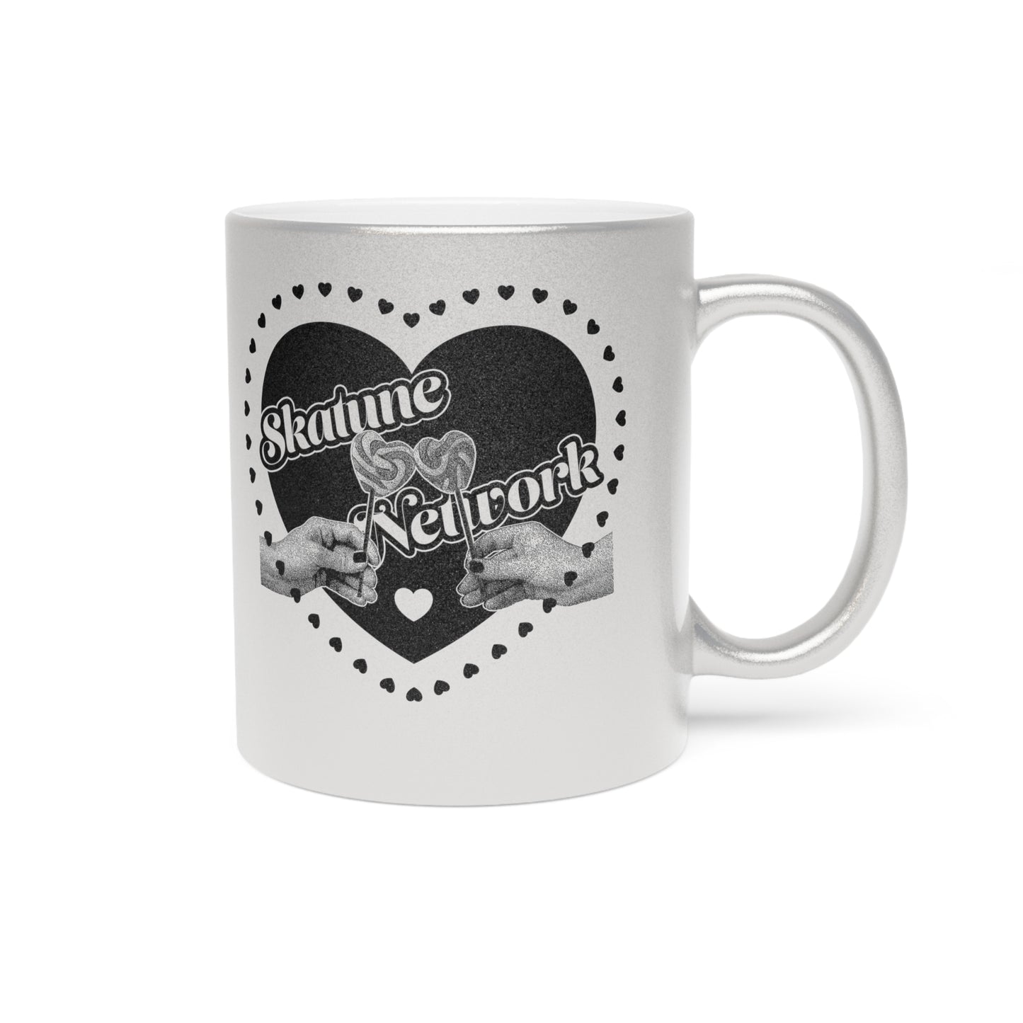VALENTINE'S DAY | SKATUNE NETWORK LOLLIPOP HEART METALLIC SILVER COFFEE MUG – 11 OUNCES