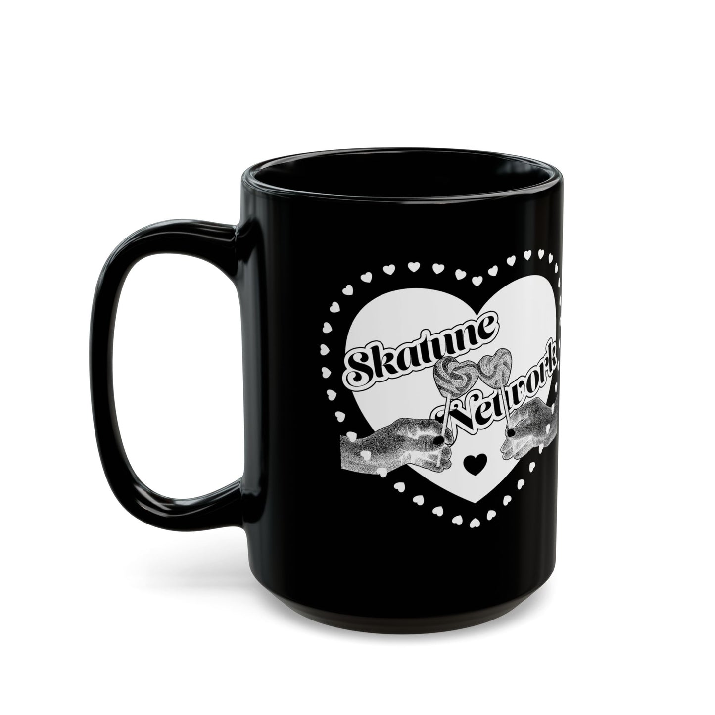 Valentine's Day | Skatune Network Lollipop Heart Black Coffee Mug – 11 or 15 ounces